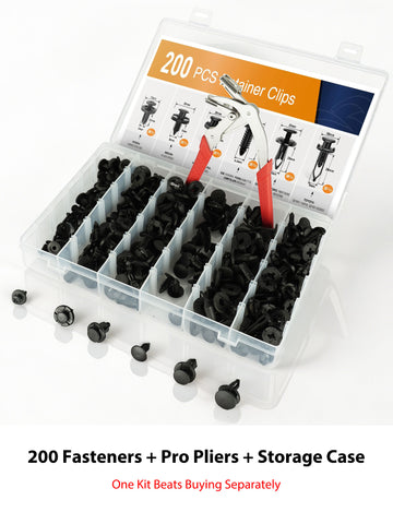 200PCS Car Clip & Fastener Kit with Professional Clip Removal Pliers – 4-Point Support Damage-Free Auto Trim Tool, Push Pin Rivet Remover Set for Door Panel Bumper Fender