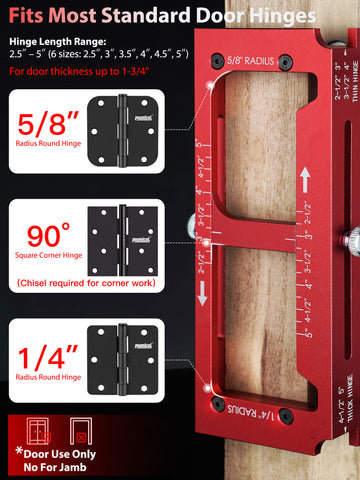 Door Hinge Jig & Lock Hole Drilling Kit – Adjustable Aluminum Router Template for Hinge Mortising (2.5"-5", 1/4"R, 5/8"R, Square Corner) – For 1-3/8" & 1-3/4" Thick Doors