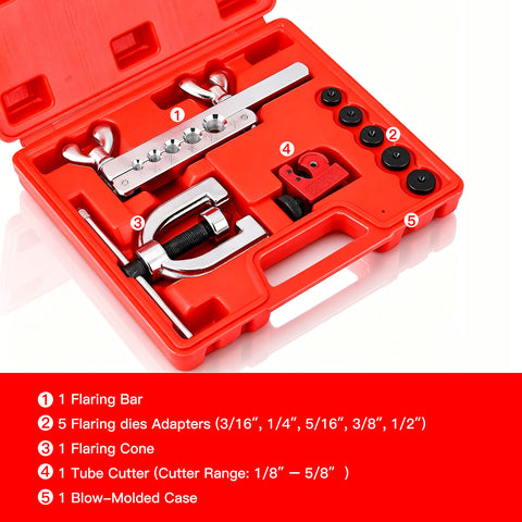 Brake Line Flaring Tool Kit, Double & Single 45° Flare Tool with Tubing Cutter, 5 Adapters 3/16"-1/2", for Copper Aluminum Brass Soft Steel Tubing