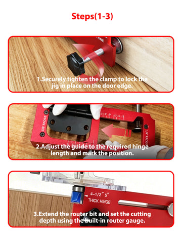 Door Hinge Jig & Lock Hole Drilling Kit – Adjustable Aluminum Router Template for Hinge Mortising (2.5"-5", 1/4"R, 5/8"R, Square Corner) – For 1-3/8" & 1-3/4" Thick Doors