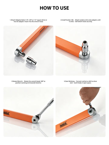 Offset Extension Wrench 15.4 Inch, 53FT-LB Impact Ready 3/8" Drive Chain Driven Socket Wrench Extender with 1/4", 3/8", 1/2" Adapters for Tight Spaces and Zero Degree Ratchet Access