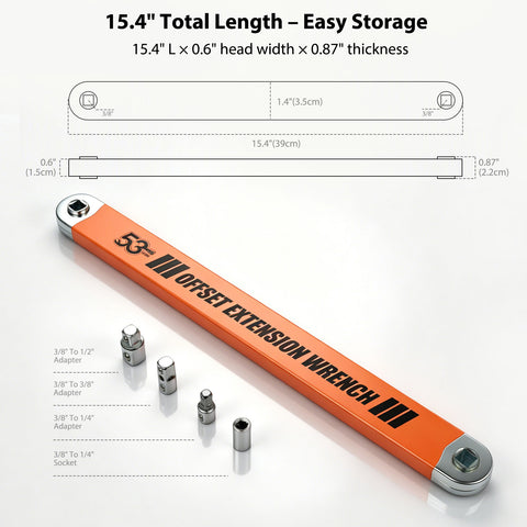 Offset Extension Wrench 15.4 Inch, 53FT-LB Impact Ready 3/8" Drive Chain Driven Socket Wrench Extender with 1/4", 3/8", 1/2" Adapters for Tight Spaces and Zero Degree Ratchet Access