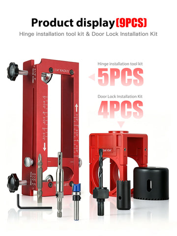 Door Hinge Jig & Lock Hole Drilling Kit – Adjustable Aluminum Router Template for Hinge Mortising (2.5"-5", 1/4"R, 5/8"R, Square Corner) – For 1-3/8" & 1-3/4" Thick Doors