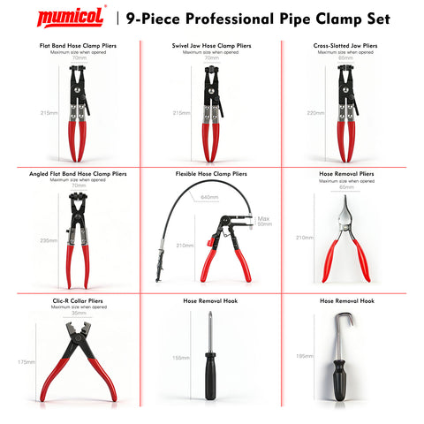 9PCS Hose Clamp Pliers Set, Locking Long Reach Hose Clamp Tool for Automotive, Flexible Wire Radiator Coolant Heater Hose Removal Pliers with Case for DIY Home Use