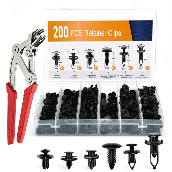 200PCS Car Clip & Fastener Kit with Professional Clip Removal Pliers – 4-Point Support Damage-Free Auto Trim Tool, Push Pin Rivet Remover Set for Door Panel Bumper Fender