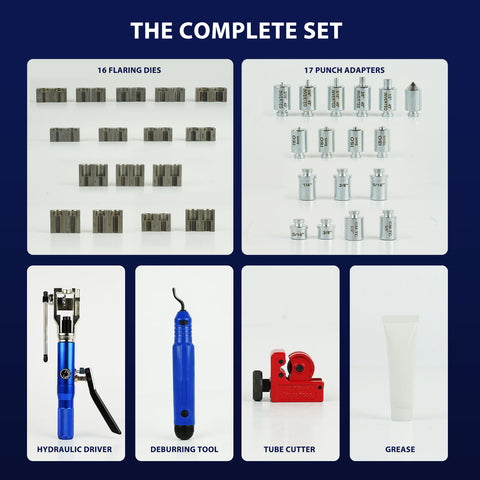 Professional Hydraulic Flaring Tool Kit, with Stabilizing Arm for 45° Double & Single, ISO Bubble, GM Fuel & Transmission Line Flares - 3/16" to 1/2" & 4-10mm, Includes Cutter & Deburrer
